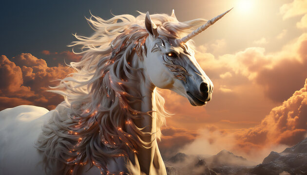 Artistic recreation of a unicorn between clouds at sunset, legendary creature