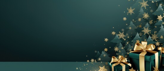 Christmas themed horizontal banner with gold symbols text tree gift tinsel confetti snowflakes on a green background Header for website template