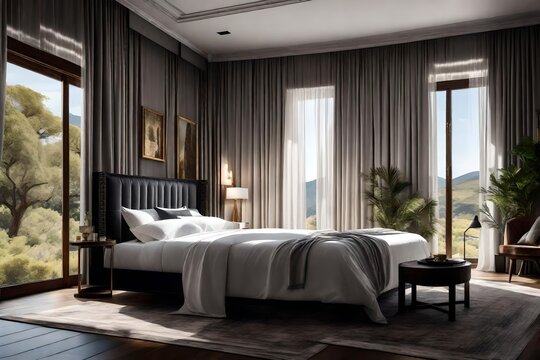 luxury bed in interior side, with silk  white curtain,  the wall is also paint by horse image, out side view of the window landscape
