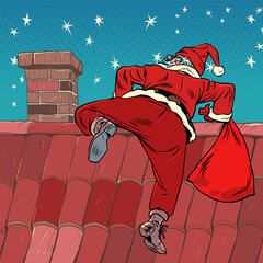 Santa Claus Christmas climbs into the chimney with gifts. Pop Art Retro The approach of the new year, a little bit literally. The roof of the house and its guest. - 650353325