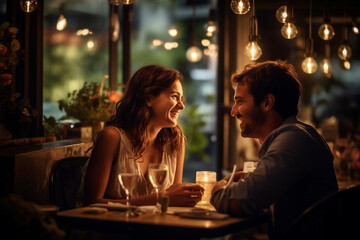 Lifestyles, relationship concept. Beautiful couple take dinner in cozy restaurant. Two young happy people spending time together. Generative AI - obrazy, fototapety, plakaty