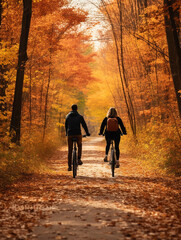 A Photo of a Couple Taking a Romantic Bike Ride on a Trail Adorned with Fall Colors