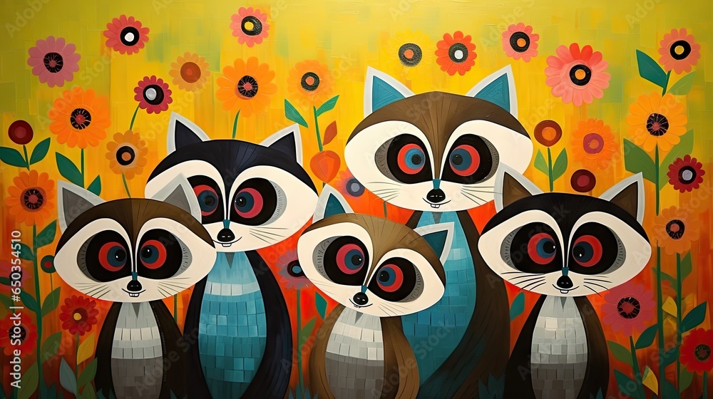 Canvas Prints  a painting of three raccoons in a field of flowers.  generative ai