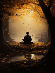 A Photo of a Solitary Figure Reading a Book Under a Tree with Leaves Turning Gold