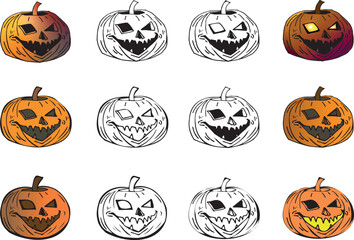 Stylized Pumpkin Witch Set Line Clip Art Design Linear Halloween Witchcraft Magic Elements icons. Doodle  elements and-drawn illustration for holiday designs, decorations. Cartoon line drawing