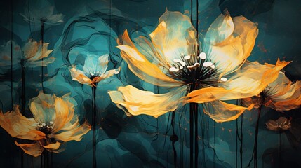  a painting of a yellow flower on a blue background with white flowers.  generative ai