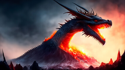dragon with fire and mountain smoke