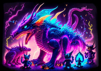 flourecent neon lights dragon with fantasy figures