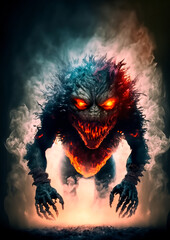 hairy demon monster crawling out from fire and smoke