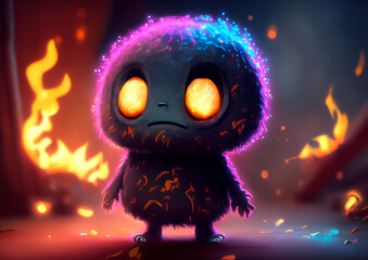 small fantasy figure animal with fire in eyes and background
