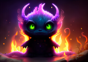 small fantasy figure with horns and glowing eyes with fire background