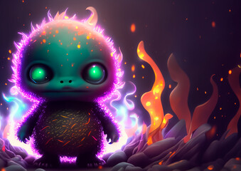small glowing monster with fire and sparkles