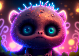 small sad fantasy animal with glowing eyes and background