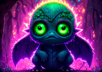 small sad monster with big eyes and glowing background