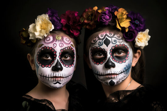 two little girls with the Katrina skull makeup face at the all dead party during halloween, looking into camera.