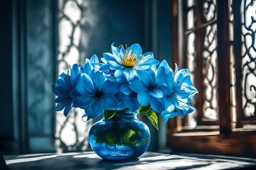 jasmines flower, in the vase of blue color, near luxury window, on sunny day