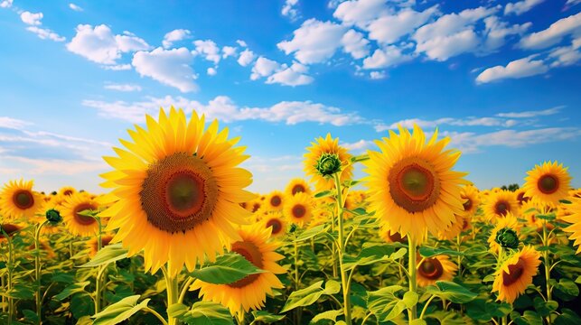  a field of sunflowers under a blue sky with clouds.  generative ai