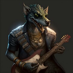 dnd character art black male kobold with a guitar and diamond chains and diamond teeth dynamic pose 