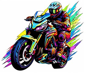  a man riding a motorcycle on a white background with colorful paint splatters.  generative ai