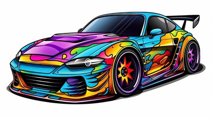  a colorful sports car with a paint job on the hood.  generative ai