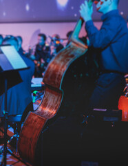 Concert view of violoncello player with vocalist and musical orchestra band, during jazz concert, performing music, violoncellist cello jazz player on stage, old retro vintage contrabass - obrazy, fototapety, plakaty