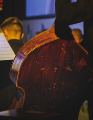 Concert view of violoncello player with vocalist and musical orchestra band, during jazz concert,...