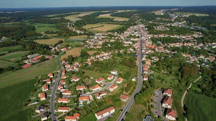 Aerial of the old town around the city Sainte-Menehould in France on a sunny day in late summer.