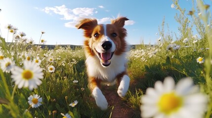  a dog running through a field of daisies and daisies.  generative ai