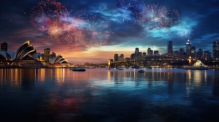 Fototapeta na wymiar New Year's Eve Fireworks Display Over City Skyline
