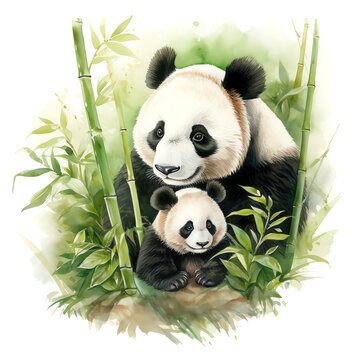 Panda mother and cub with green bamboo watercolor illustration isolated on white background. Generative AI
