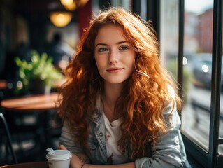 A beautiful young redhead woman is sitting at a table in a cozy cafe, sipping on a cup of coffee. The natural light illuminates her face, and the background has a soft bokeh effect. - 650358718