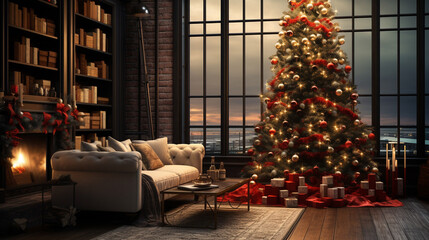 new year cozy home interior with christmas tree and garlands.