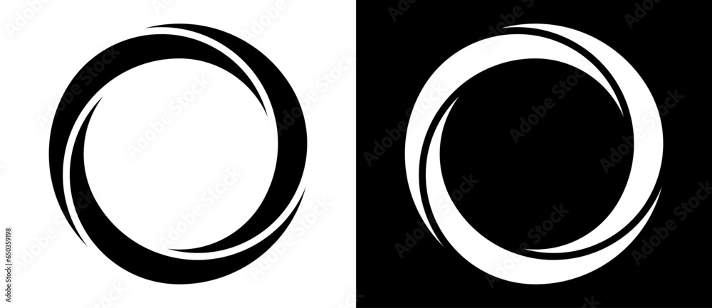 Poster Rotating art lines in circle shape as symbol, logo or icon. A black figure on a white background and an equally white figure on the black side.