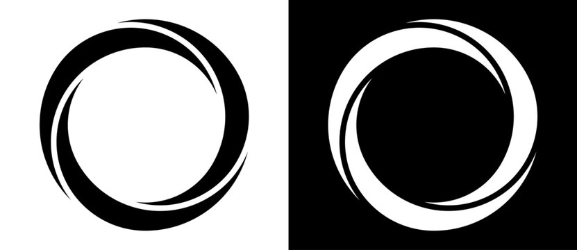 Rotating art lines in circle shape as symbol, logo or icon. A black figure on a white background and an equally white figure on the black side.