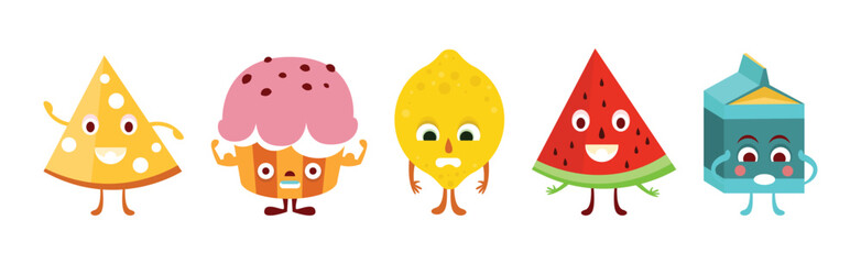 Cute Food Character with Smiling Faces Vector Set