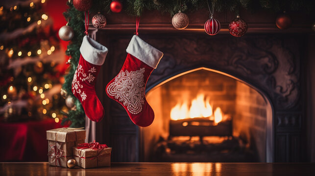 Beautiful decorated fireplace and Christmas tree and sock