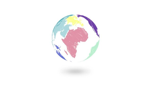 Colorful Pencil Drawn Earth Globe Animation. Abstract Planet Earth. 3D Gray Globe Rotating 360 Degrees on a White Background. Seamless Loop.