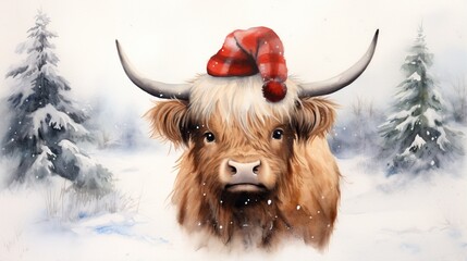  a painting of a yak wearing a santa hat in the snow.  generative ai