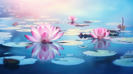  two pink water lilies floating on top of a lake.  generative ai