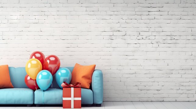  a blue couch with balloons and a present box on it.  generative ai