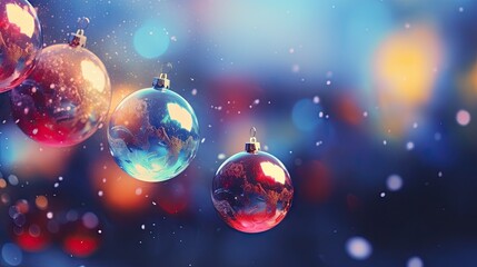  a group of christmas ornaments hanging from a string on a blue background.  generative ai