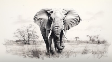  a drawing of an elephant in a field of grass and trees.  generative ai