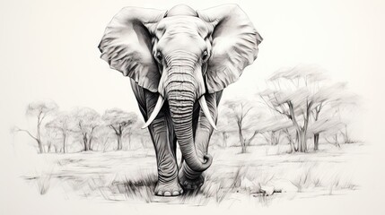  a drawing of an elephant walking in a field with trees in the background.  generative ai