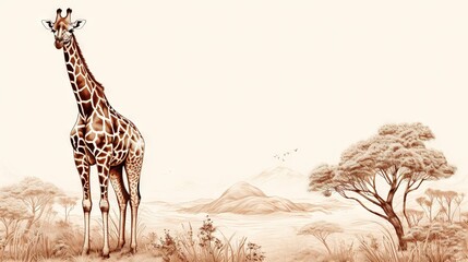 Naklejki   a drawing of a giraffe standing in a field.  generative ai