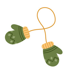 Cute green knitted mittens. Hand drawn element of winter warm clothing. Flat vector illustration isolated on white background.