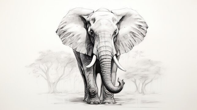  a drawing of an elephant with trees in the back ground.  generative ai