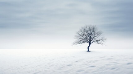  a lone tree stands alone in a snowy field with a dark sky in the background.  generative ai