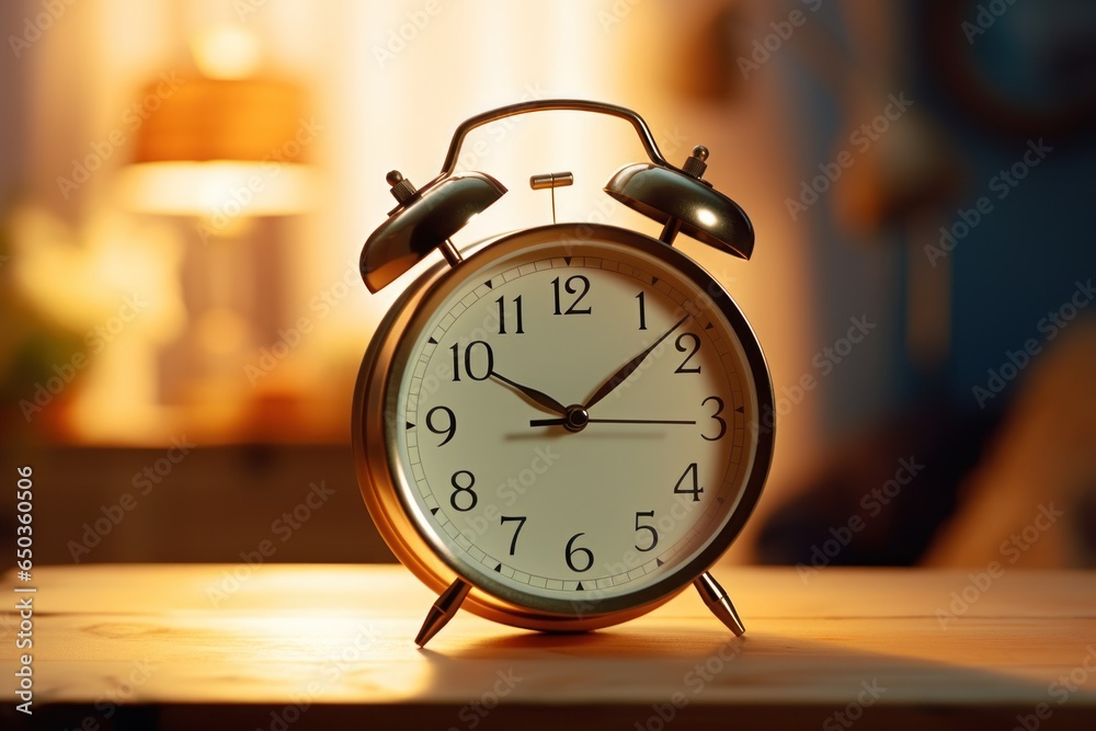 Fototapete an alarm clock sitting on top of a wooden table. perfect for illustrating concepts of time managemen