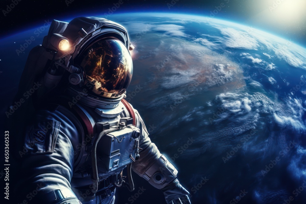 Poster A man in a space suit standing in front of the earth. Perfect for science fiction or space exploration concepts.