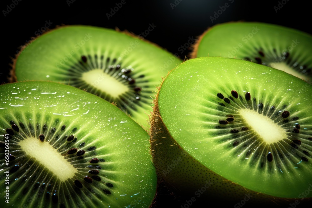 Poster a close up of a kiwi fruit sliced in half. this image can be used to showcase the vibrant colors and